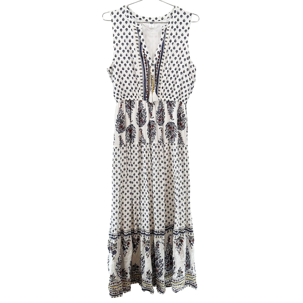 OLD NAVY Boho Floral Paisley Tiered Sleeveless Maxi Dress NWT • M • white, blue - Picture 9 of 9